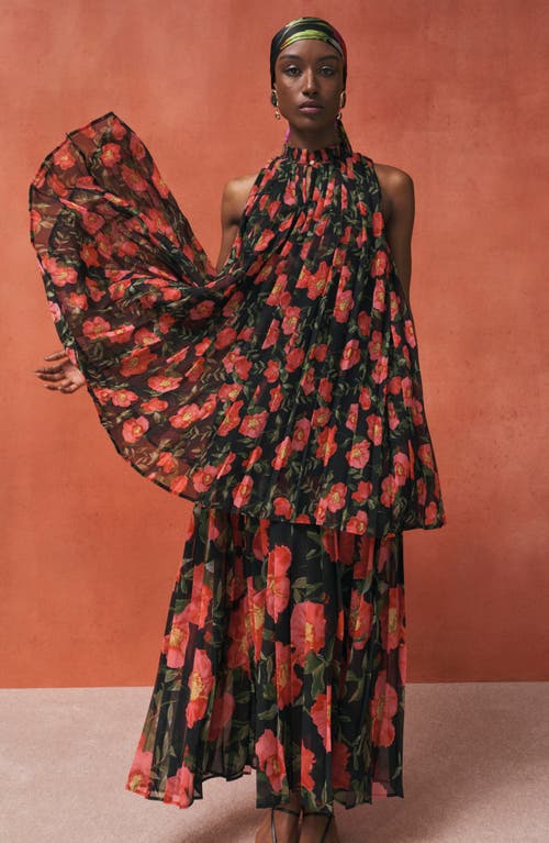 Nordstrom X Harlem's Fashion Row Harbison Floral Long Sleeve Pleat Maxi Dress In Black- Red Poppy Float