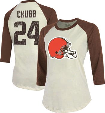 Majestic Threads Women's Fanatics Branded Nick Chubb Cream/Brown Cleveland  Browns Player Raglan Name & Number Fitted 3/4-Sleeve T-Shirt