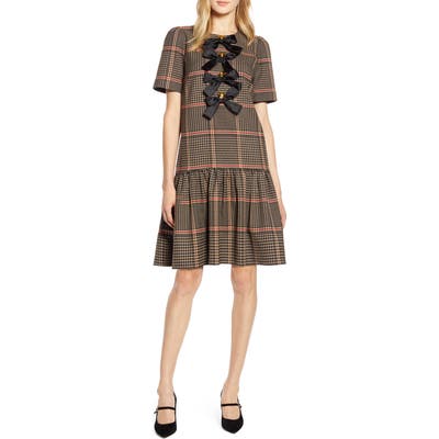 Halogen X Atlantic-Pacific Bow Detail Plaid Dress, Brown (Nordstrom Exclusive)