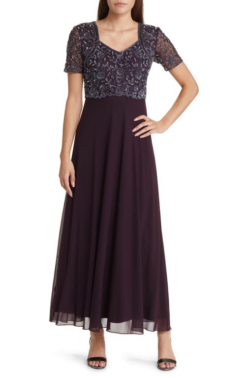 Beaded Bodice A-Line Gown in Wine