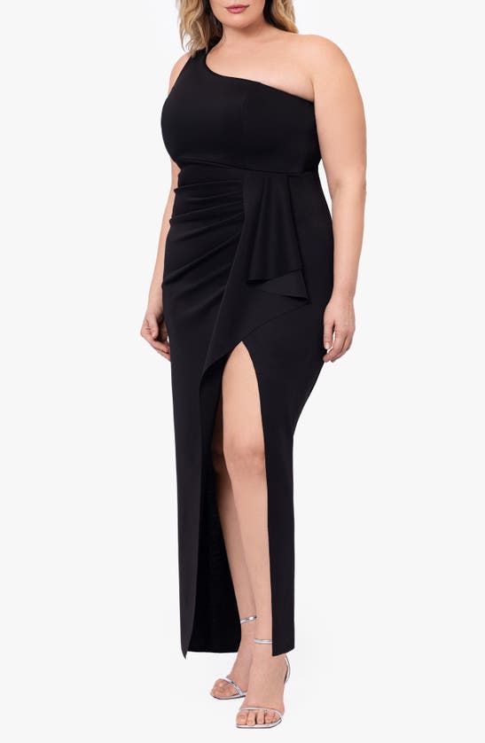 Shop Xscape Evenings Ruffle One-shoulder Scuba Gown In Black