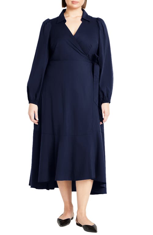 City Chic Selena Long Sleeve Cotton Blend Wrap Dress in Navy 