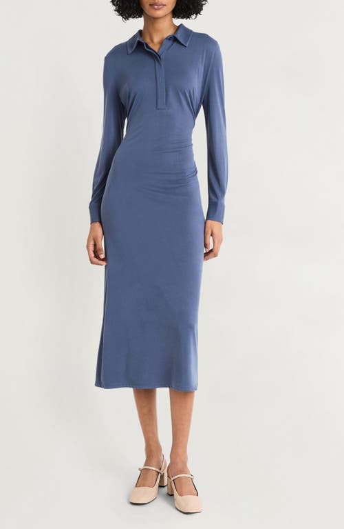 Shop Luxely Long Sleeve Jersey Polo Dress In Vintage Indigo