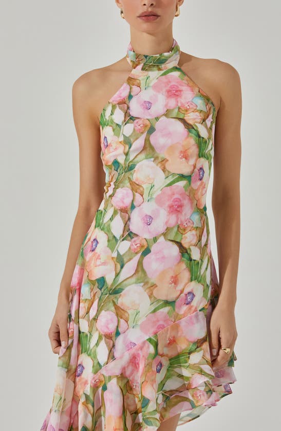 Shop Astr The Label Floral Asymmetric Halter Dress In Pink Green Floral Abstract