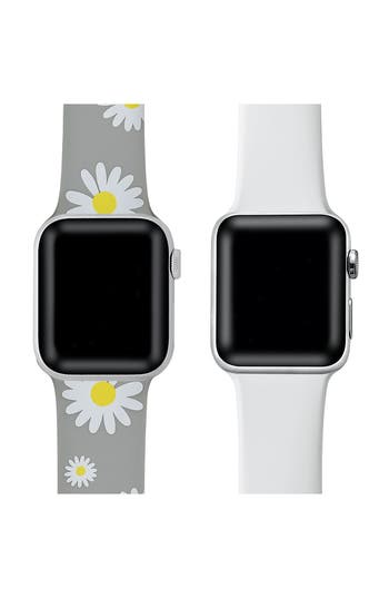 Shop The Posh Tech Assorted 2-pack Daisy Print & Solid Silicone Apple Watch® Watchbands In Grey Floral/white