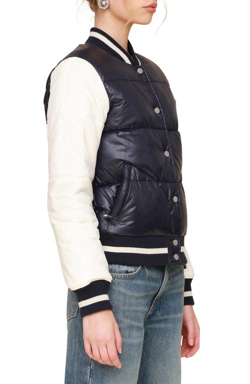 Shop Avec Les Filles Quilted Water Resistant Varsity Bomber Jacket In Navy-ivory