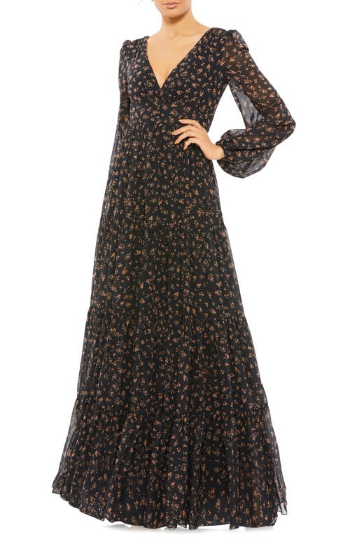 Mac Duggal Floral Long Sleeve Chiffon A-Line Gown in Black Multi at Nordstrom, Size 0