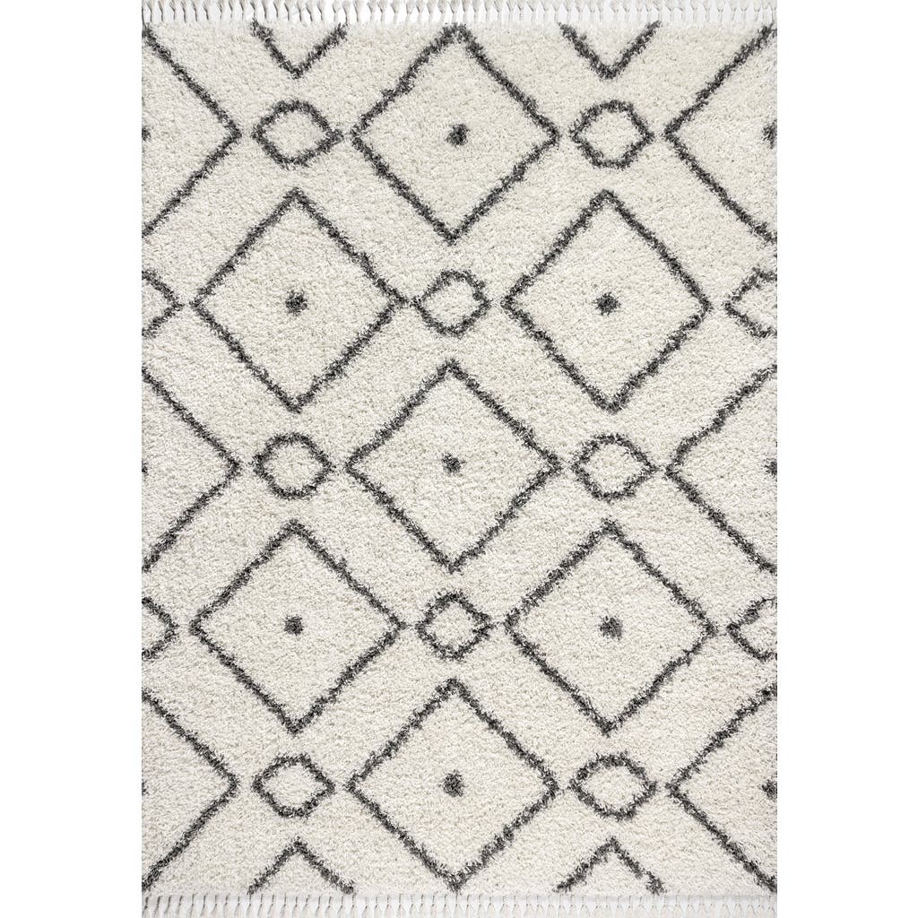 Jonathan Y Mercer Shag Plush Tassel Moroccan Diamond Denim Area Rug In Cream/gray