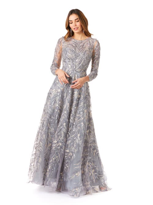 Lara New York High Neck, Long Sleeve Ball Gown In Steelblue