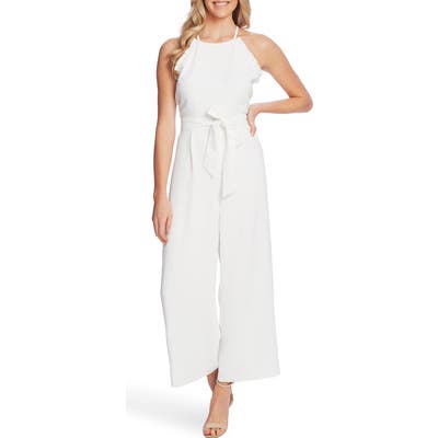 Cece Ruffle Trim Belted Wide Leg Jumpsuit, White