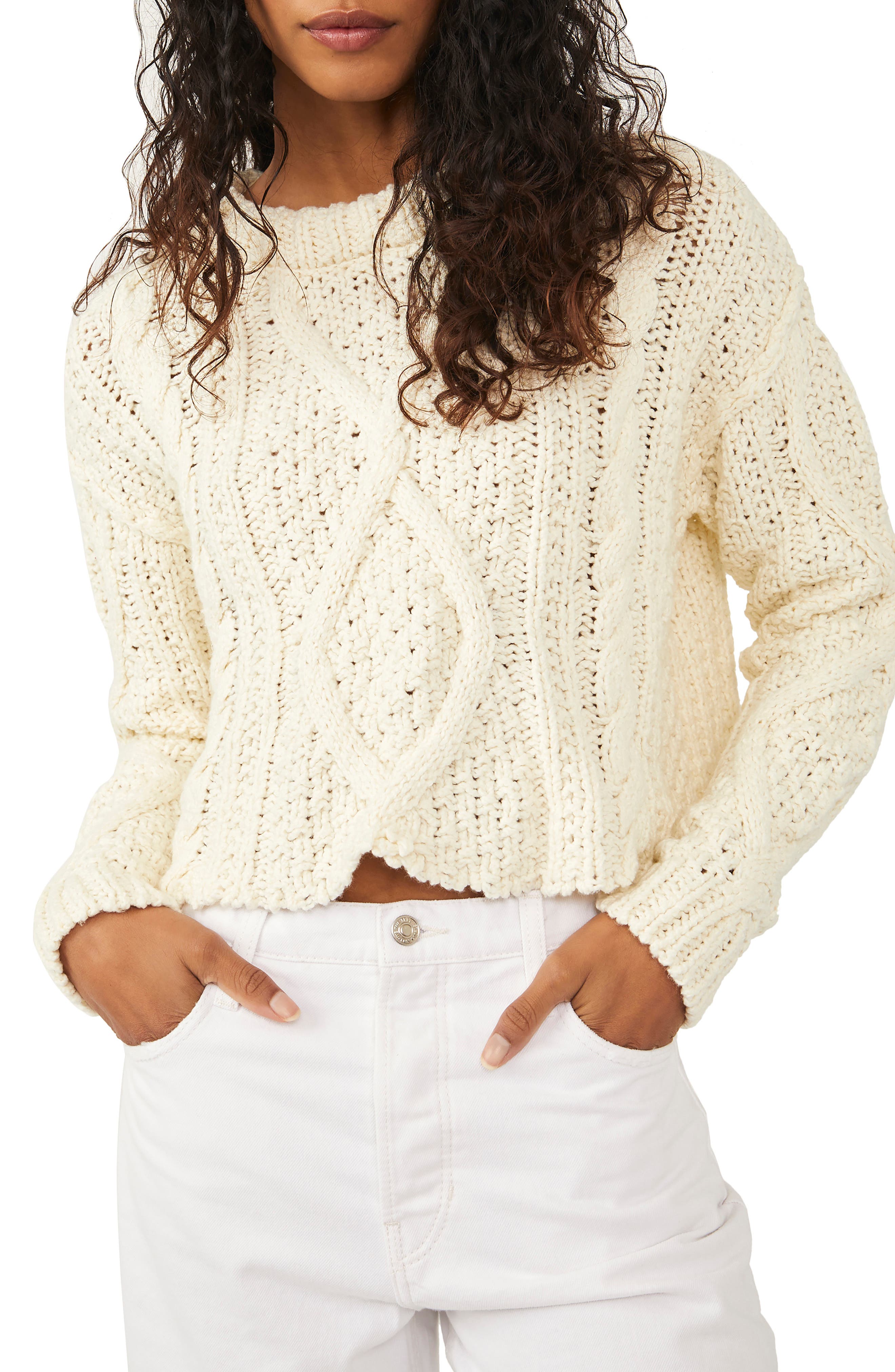 Free People Womens Seashell Fine Knitting Sweater Pearl Ivory Size XS