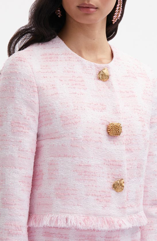 Shop Oscar De La Renta Fringe Trim Tweed Crop Jacket In White/ Pink