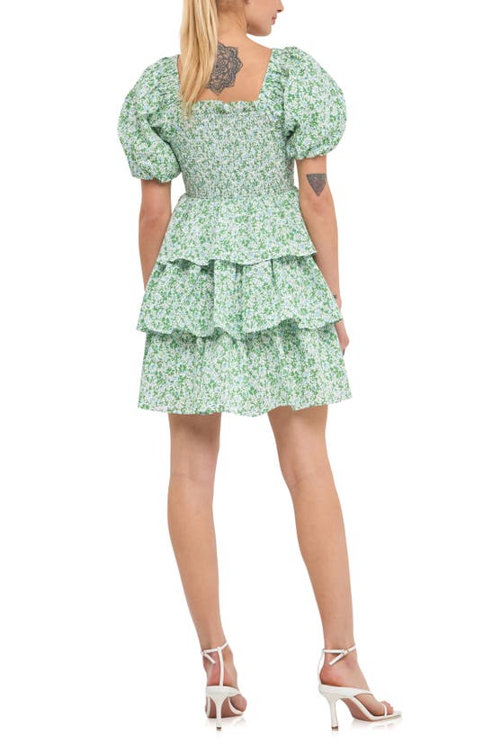 Free The Roses Crinkled Floral Linen Smocked Tiered Mini Dress In Green