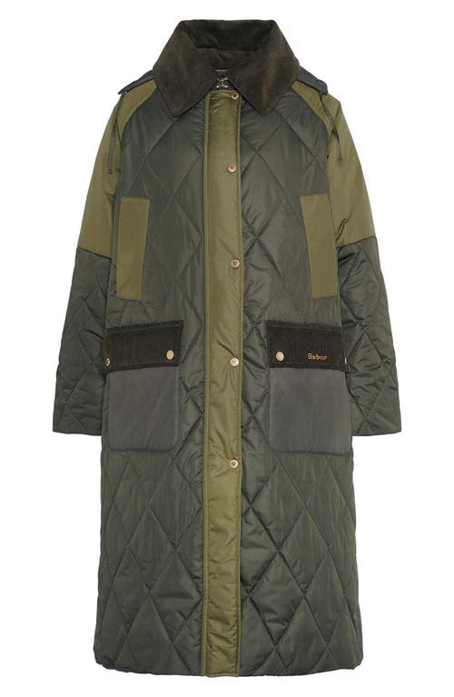 Shop Barbour Cookston Longline Quilted Coat With Removable Hood In Olive/ancient