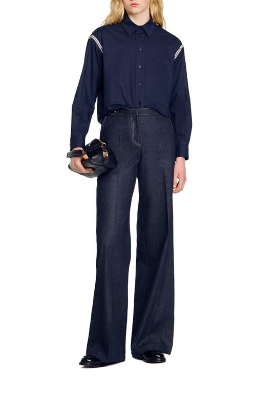 Shop Sandro Denim Shirt With Rhinestones In Navy Blue