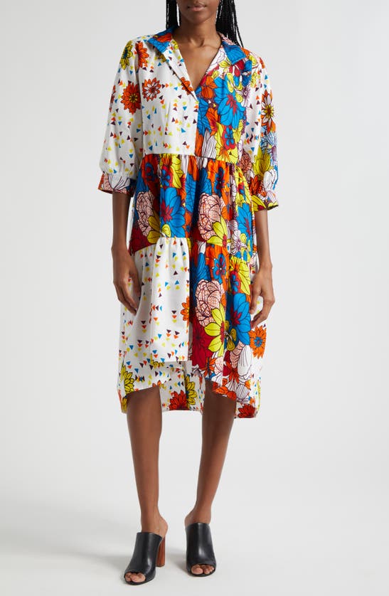 Shop The Oula Company Mixed Print Tiered High-low Shirtdress In Blue Orange Ruby Golden