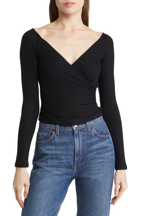 Dkny Jeans Women's Surplice-Neck Ribbed Long-Sleeve Top