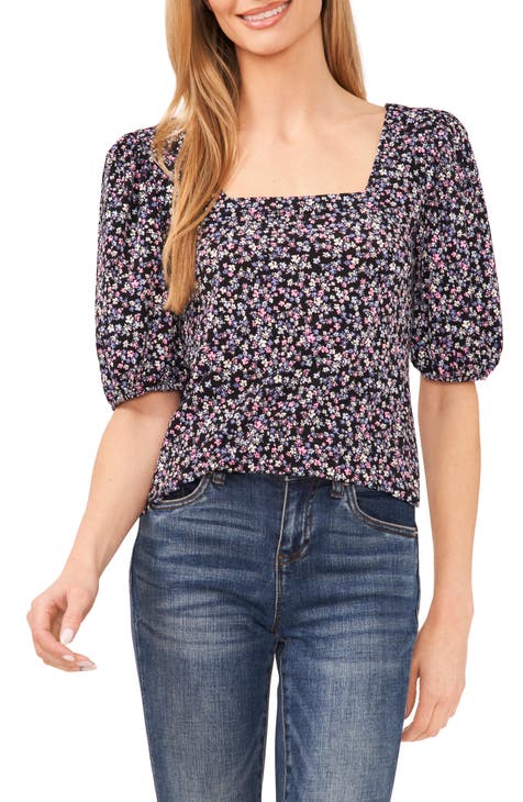 Floral Puff Sleeve Square Neck Top