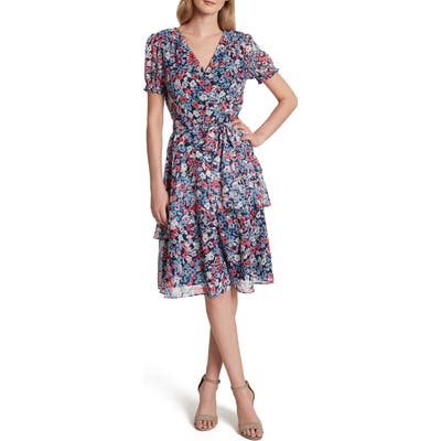 Petite Tahari Floral Print Metallic Clip Dot Faux Wrap Dress, Blue