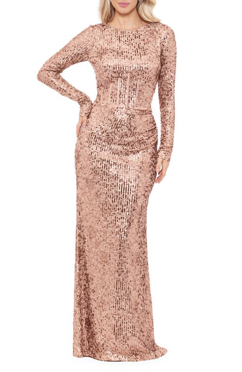 Betsy & Adam Sequin Corset Long Sleeve Gown Rose/Gold at Nordstrom,