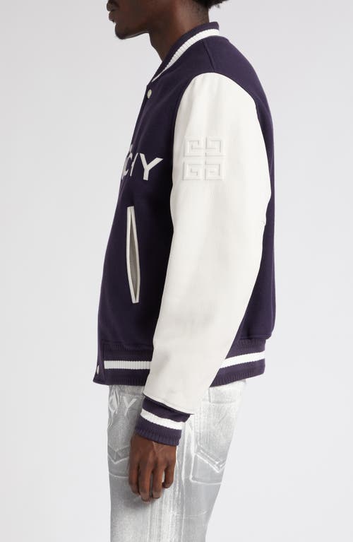 Shop Givenchy Embroidered Logo Mixed Media Leather & Wool Blend Varsity Jacket In Navy/white