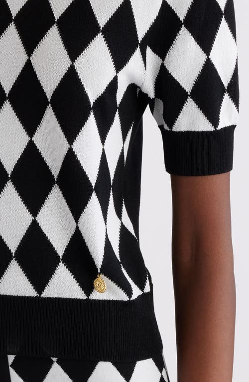 Shop Balmain Diamond Jacquard Short Sleeve Sweater In Black/white