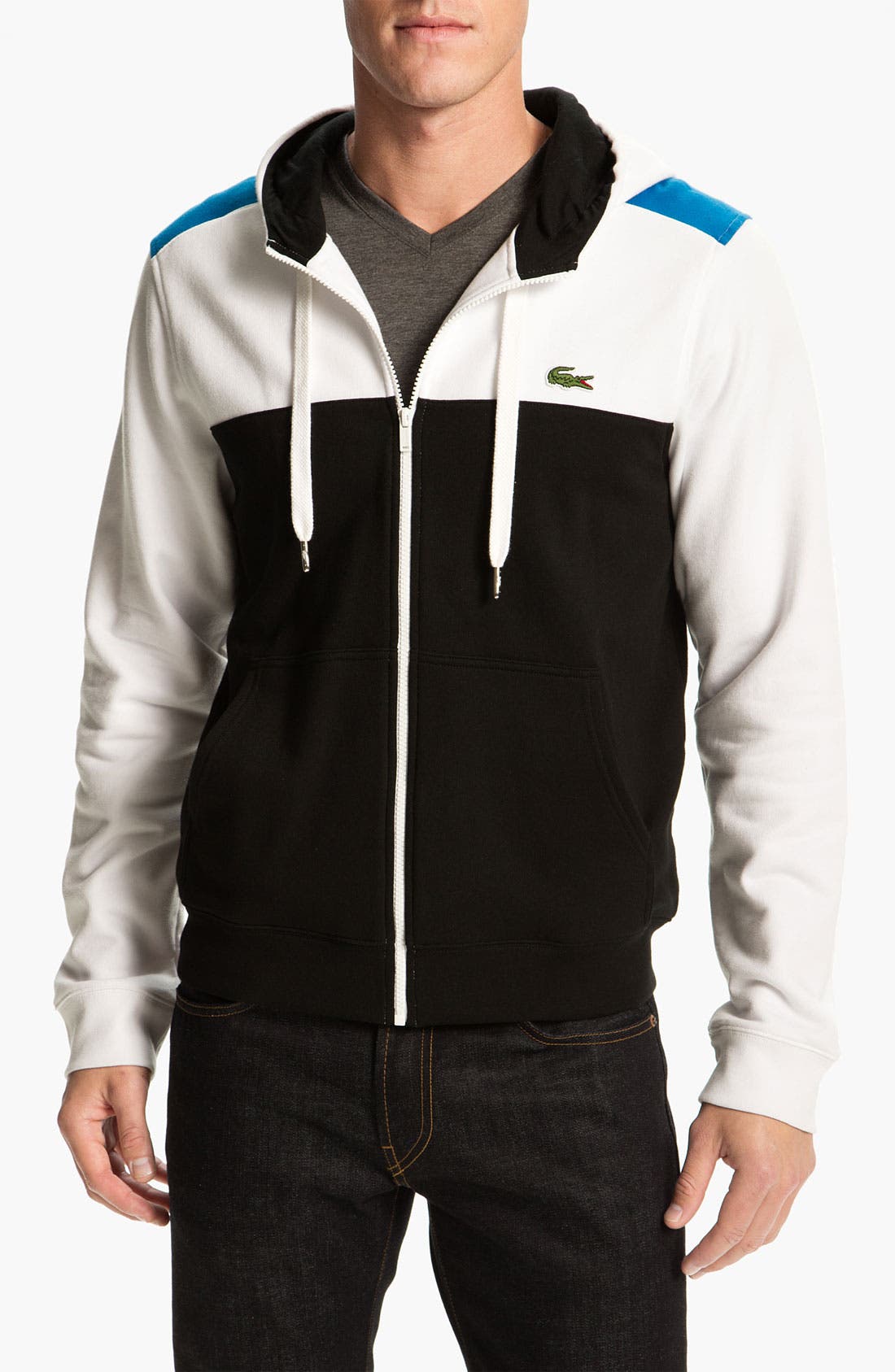 lacoste colour block sleeve zip through hoodie