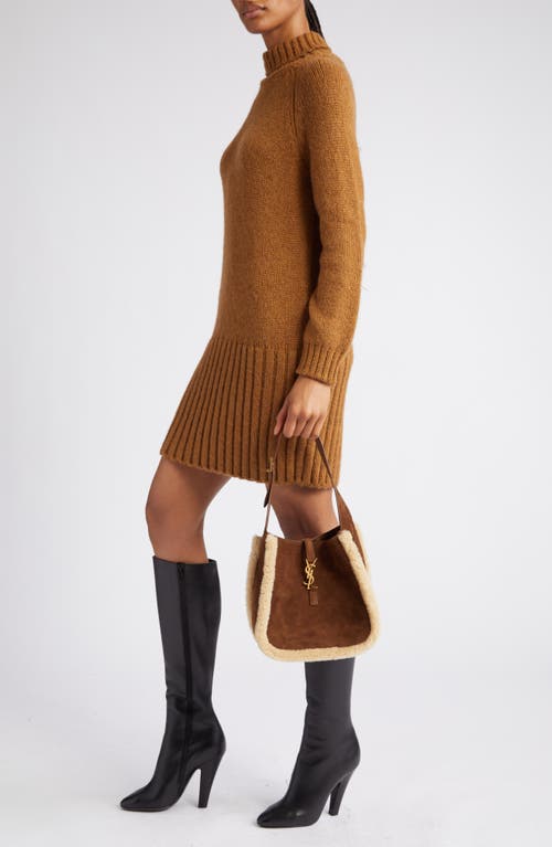 Saint Laurent Small Le 5 À 7 Genuine Shearling Hobo Bag In Dark Cigar/natural Beige
