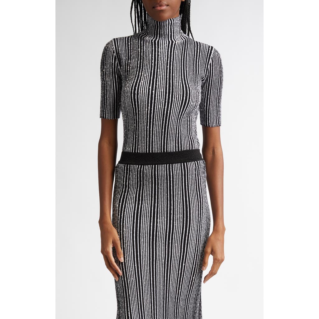 MISSONI MISSONI SEQUIN STRIPE TURTLENECK SHORT SLEEVE SWEATER