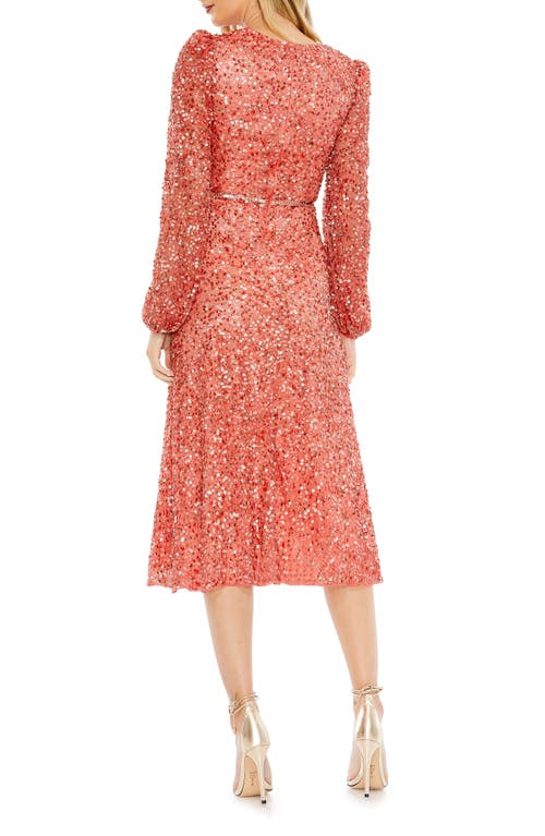 Shop Mac Duggal Sequin Long Sleeve Wrap Front Cocktail Dress In Coral