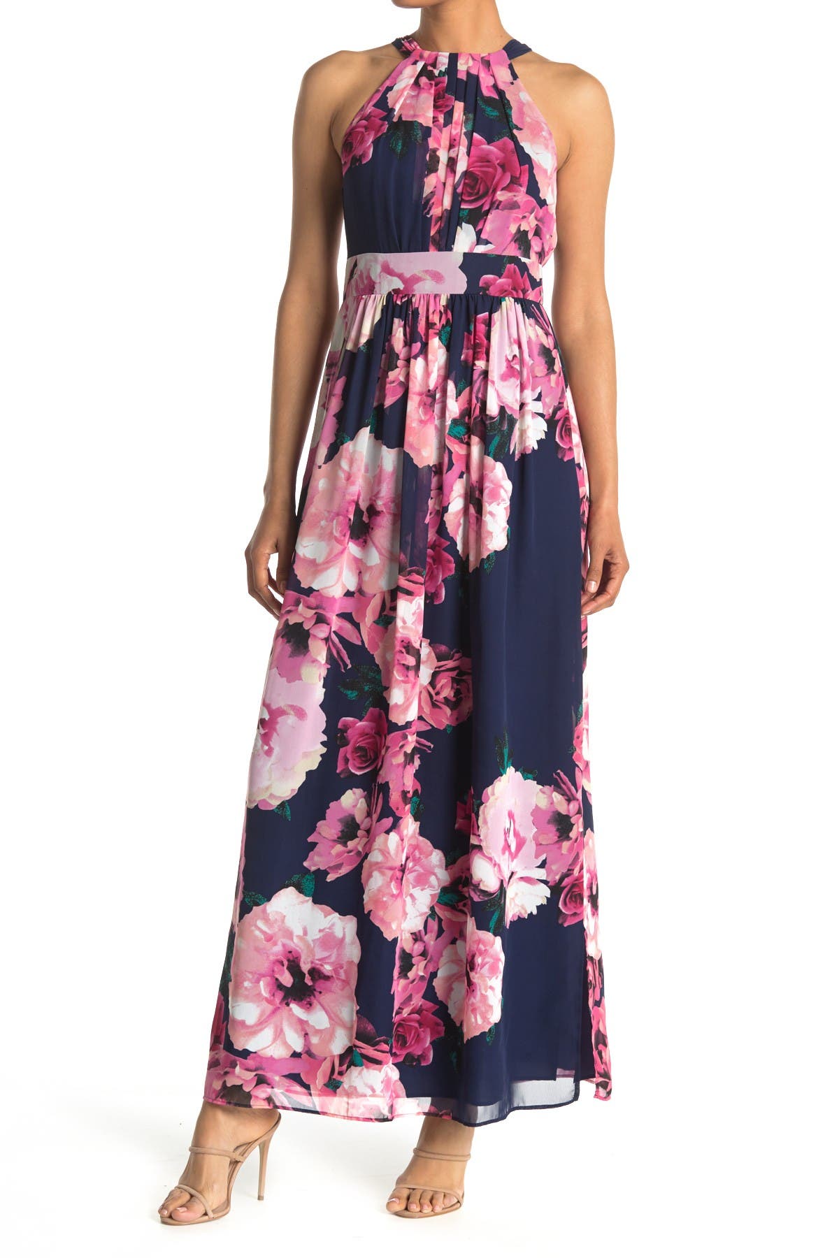Eliza J Floral Printed Halter Maxi Dress In Navy | ModeSens