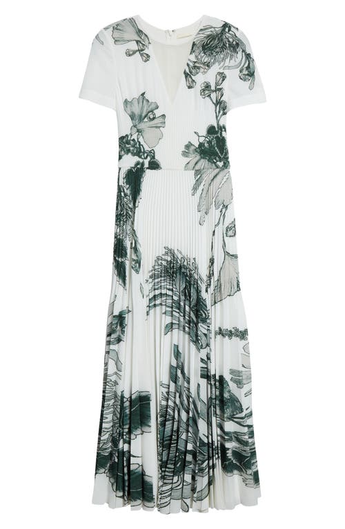 Shop Jason Wu Collection Forest Print Pleated Stretch Crepe Dress In Chalk/emerald