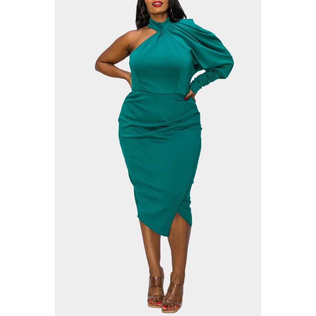 L I V D Gigi One-shoulder Long Sleeve Midi Dress In Emerald