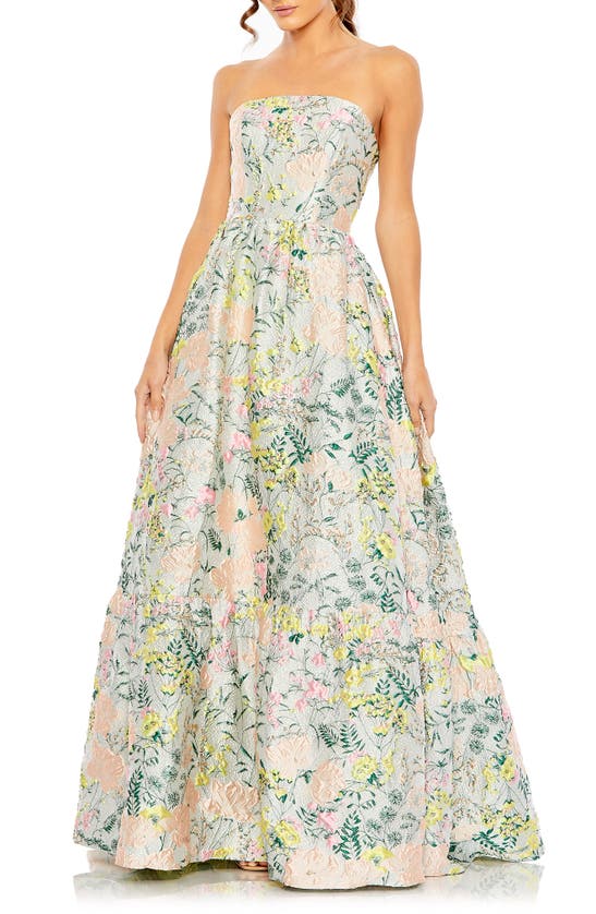 Mac Duggal Floral Brocade Strapless A Line Gown In Pastel Multi