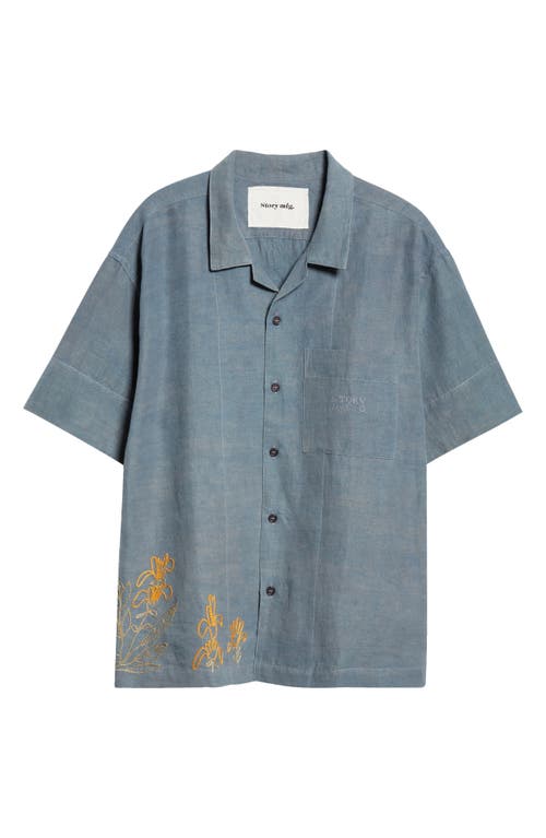 Shop Story Mfg. Greetings Floral Embroidered Cotton & Linen Camp Shirt In Blue Herb