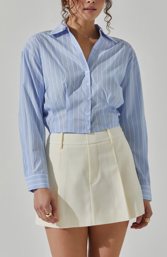 Shop Astr The Label Pinstripe Cotton Crop Button-up Shirt In Light Blue Stripe