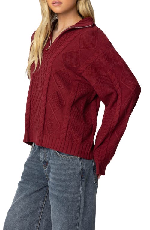 Shop Edikted Cable Stitch Oversize Quarter Zip Pullover Sweater In Burgundy