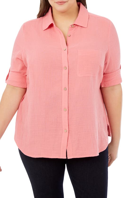 Foxcroft Tamara Cotton Gauze Button-up Shirt In Coral Sunset