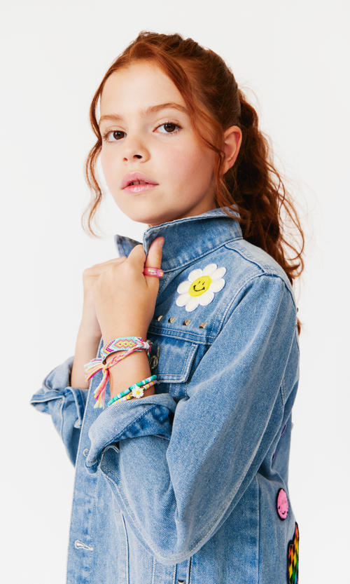Little Chicken Girls' Jeweled Patched Denim Jacket, Little Kid, Big Kid In Light Denim