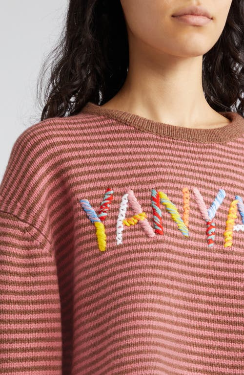 Shop Yanyan Embroidered Logo Stripe Crop Wool Sweater In Rose/mink/hazelnut