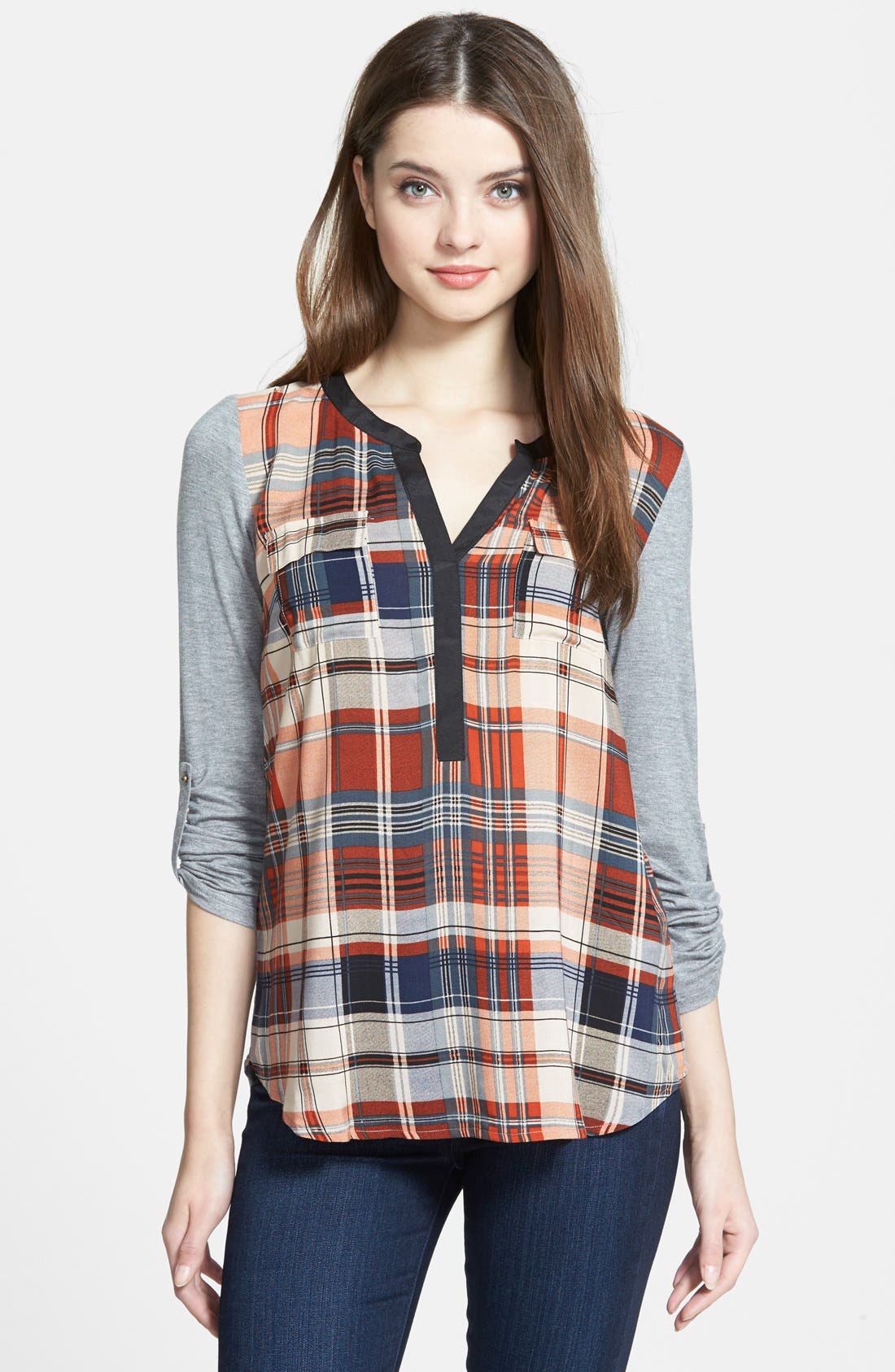 Daniel Rainn Plaid Front Mixed Media Blouse Nordstrom