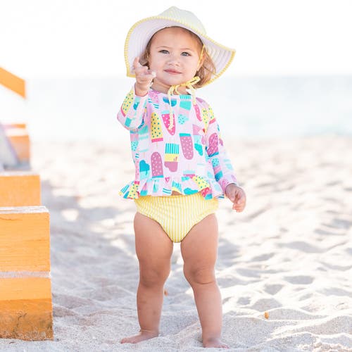 Rufflebutts Toddler Girls Long Sleeve Ruffle Hem Upf50+ Rash Guard Bikini In Ice Cream Social
