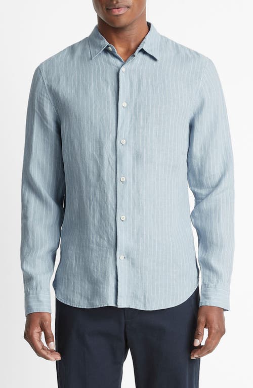 Vince Bayside Stripe Linen Button-up Shirt In Lake Blue/optic White