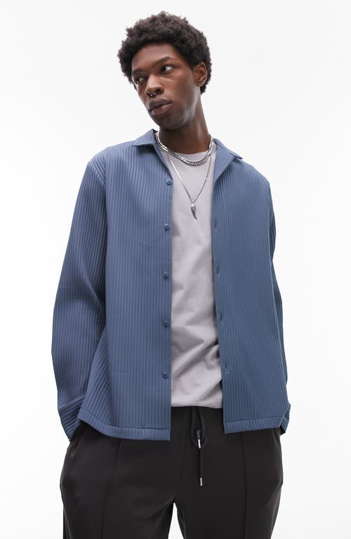 Long Sleeve Plissé Button-Up Shirt in Light Blue