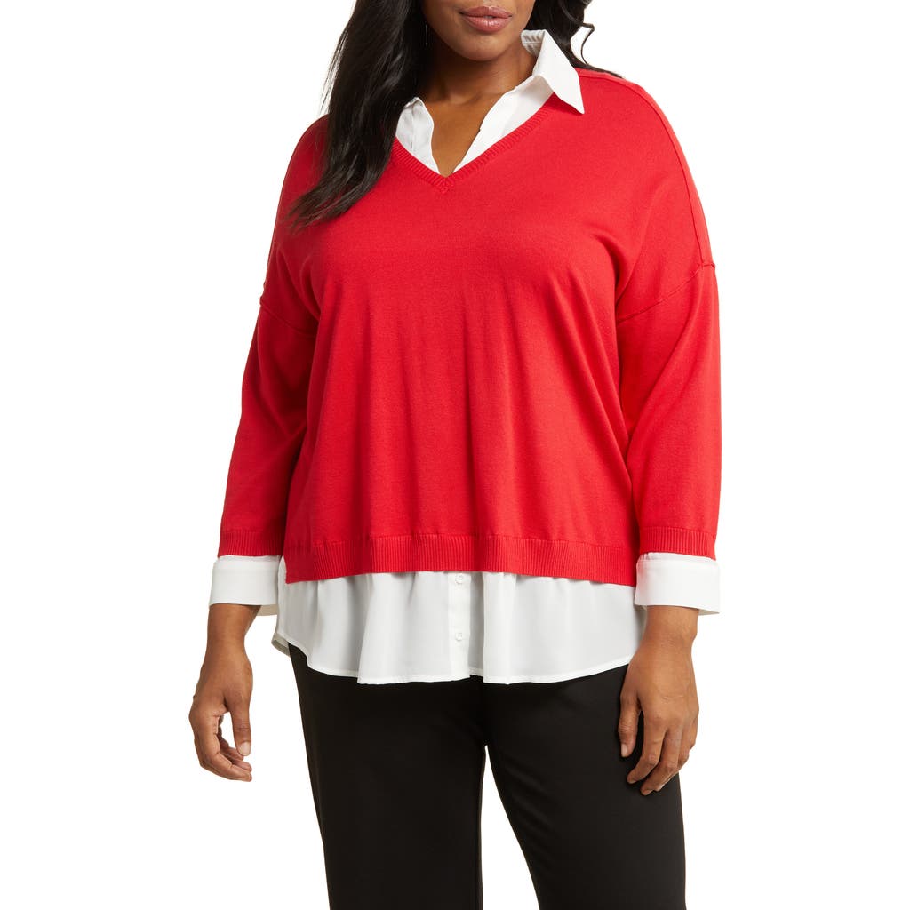 Adrianna Papell Twofer Pullover Sweater In Red