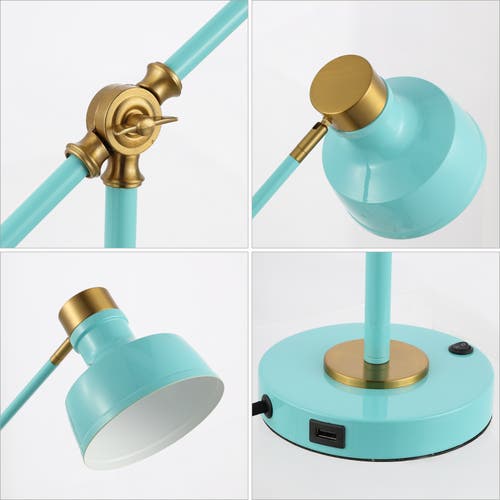 Jonathan Y Allegra Classic Farmhouse Adjustable Cantilever Led Task Lamp With Usb Charging Port In Cyan/brass Gold