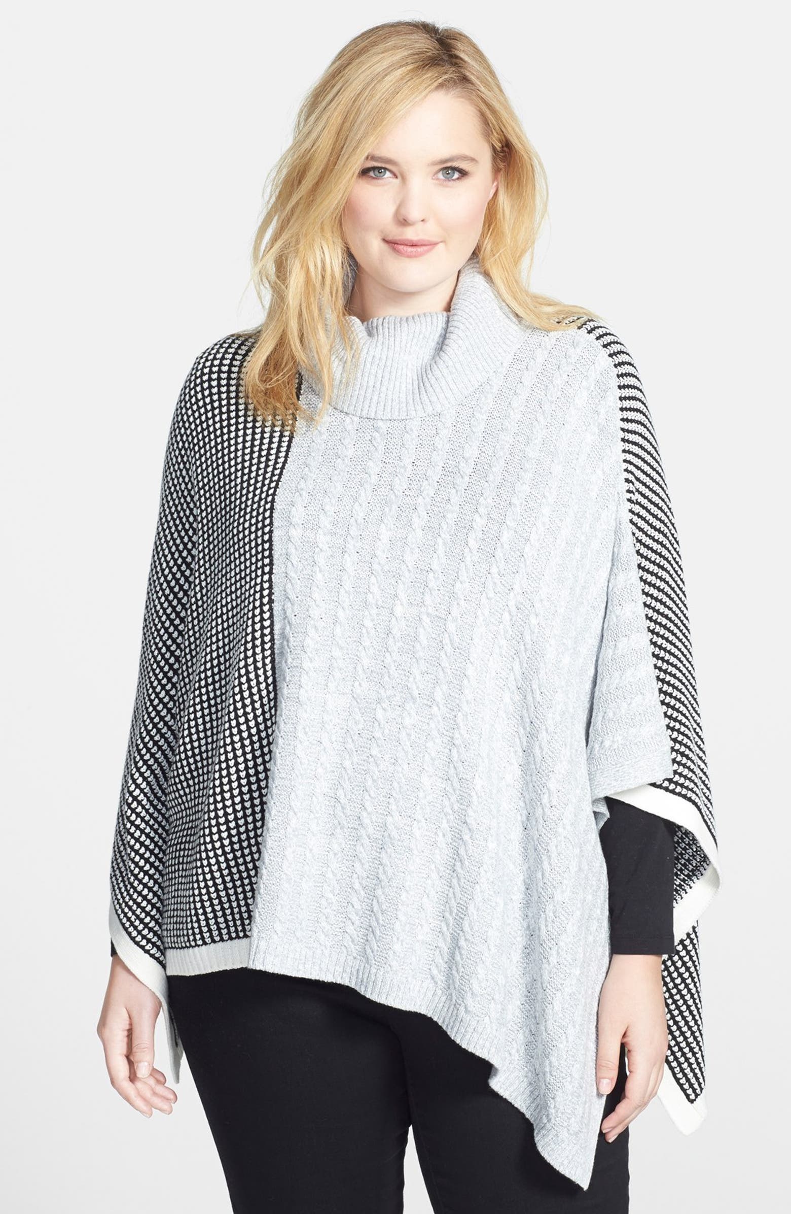 Two by Vince Camuto Cable & Waffle Stitch Turtleneck Poncho (Plus Size ...