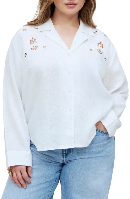 Shop Madewell Eyelet Inset Linen Button-up Shirt In Eyelet White