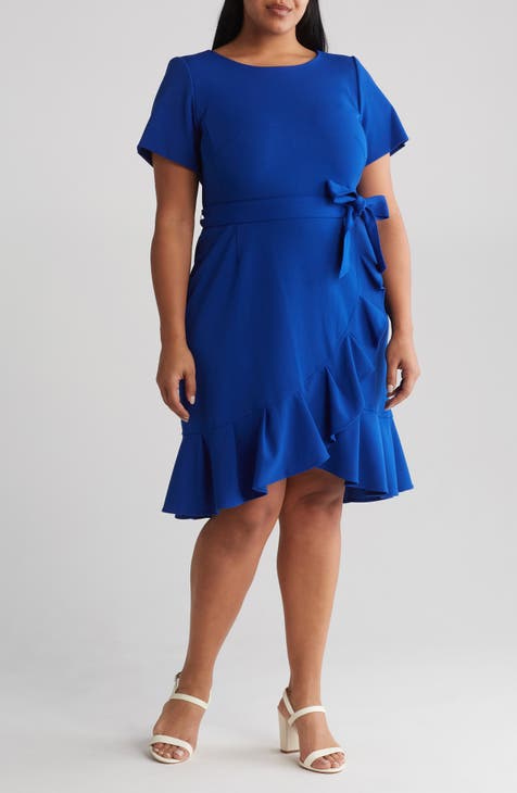 Blue Crepe Dress with Pleated Sleeve Plus Size Clothing