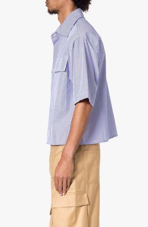 Mnml Oversize Crop Stripe Short Sleeve Button-up Shirt In Blue